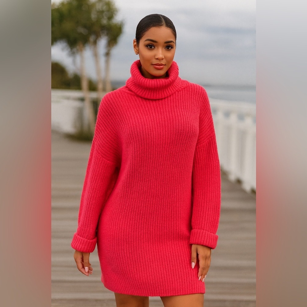 NA-KD Knitted Folded Sleeve Turtle Neck Long Sweater Dress L XL Pink‎